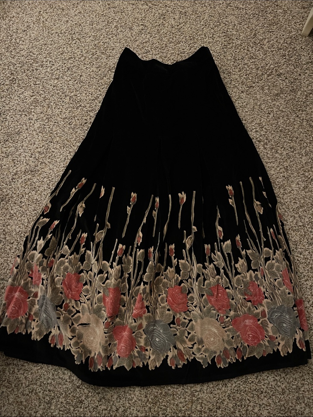 Vintage Black Velvet Maxi Skirt with Floral Embroidery